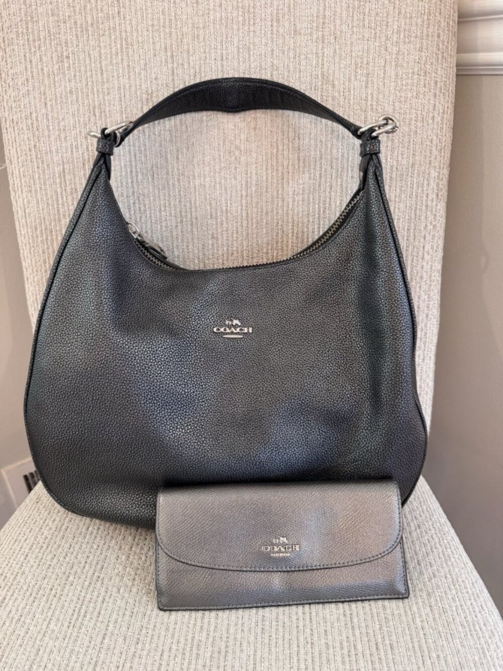 Coach Harley Hobo Metallic Gray Pebble Leather Shoulder Bag Wallet 2pc Set